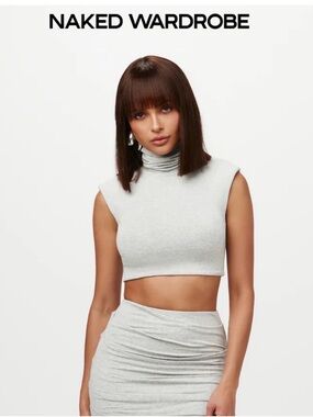 92. Naked Wardrobe $58 TURTLENECK SLEEVELESS CROP TOP in heather grey